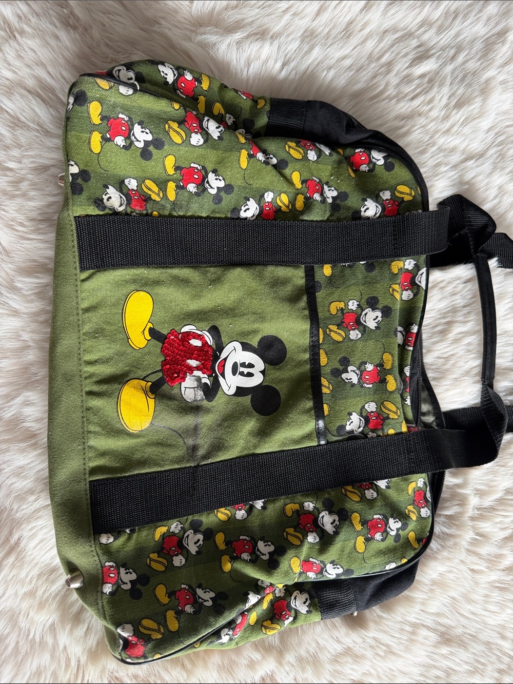 Disney Olive Green Mickey Mouse Canvas Duffel Bag with Black Straps